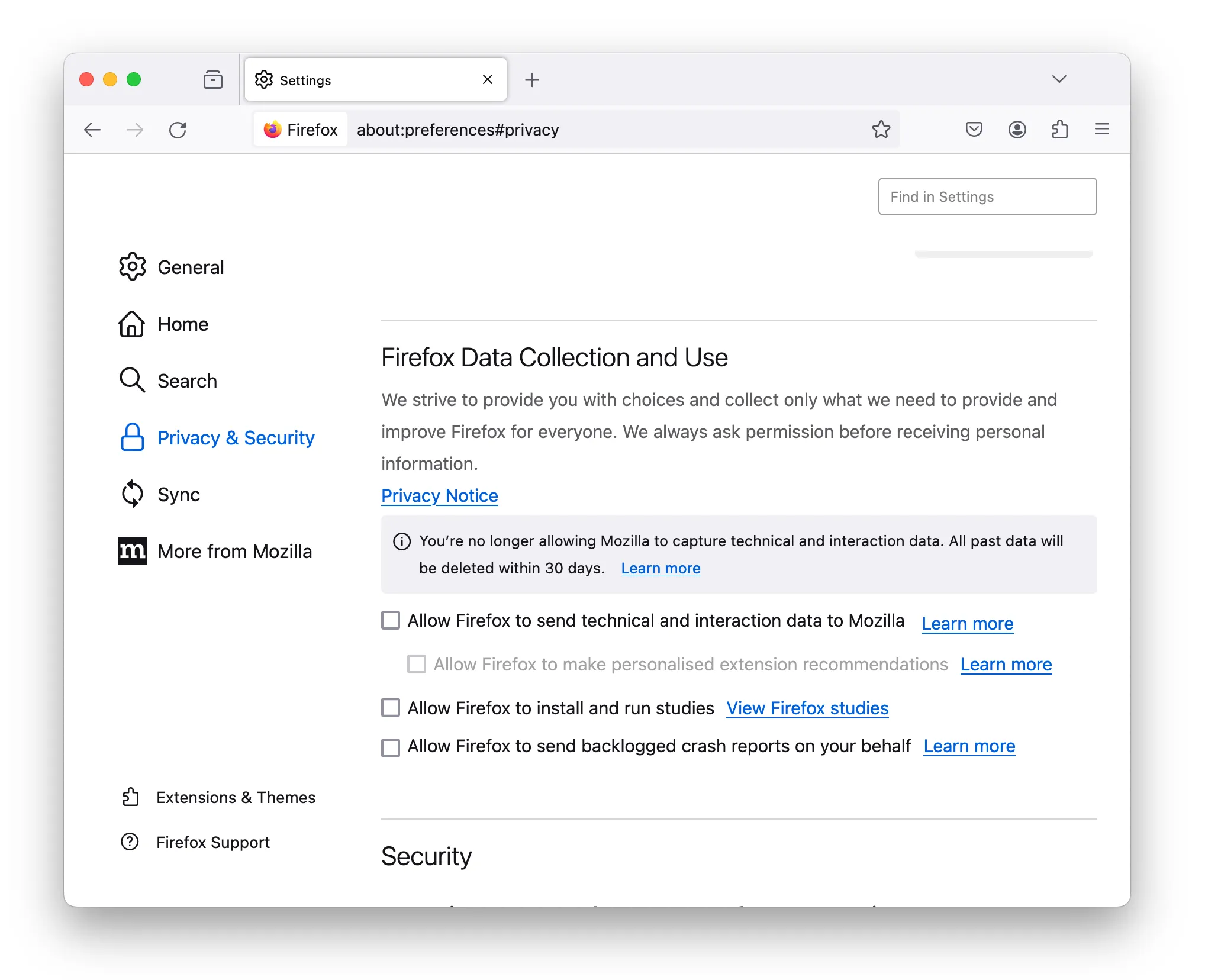 Firefox data collection settings