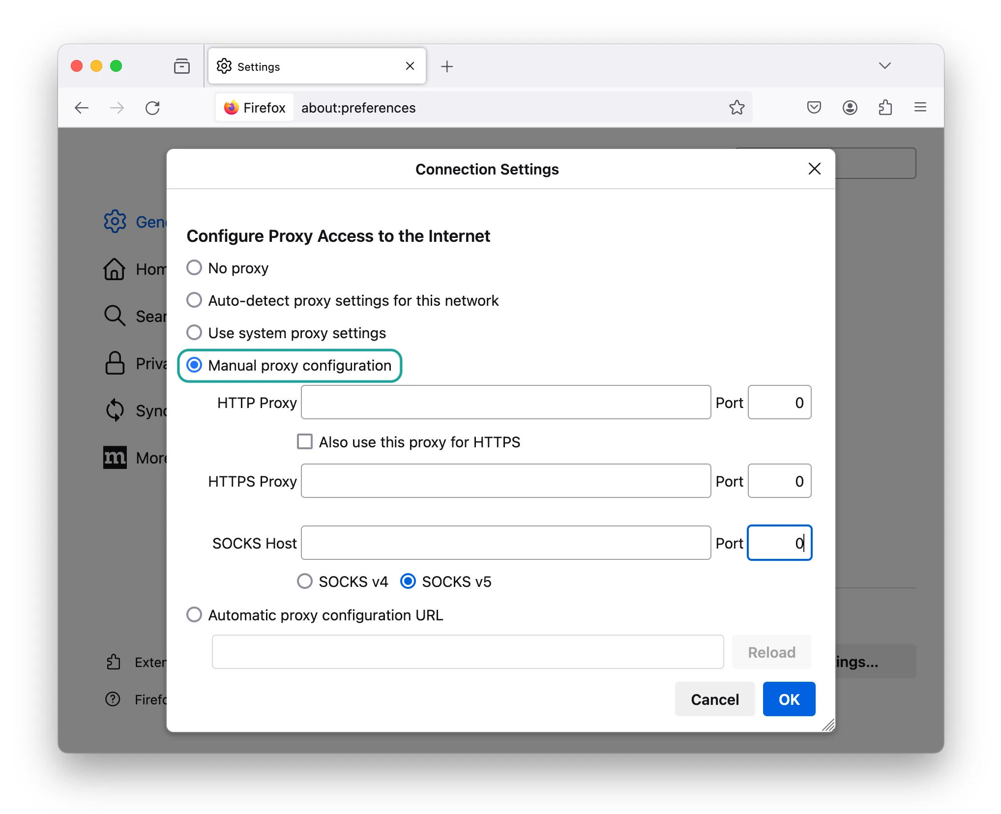 Firefox connection settings with manual proxy configuration highlighted