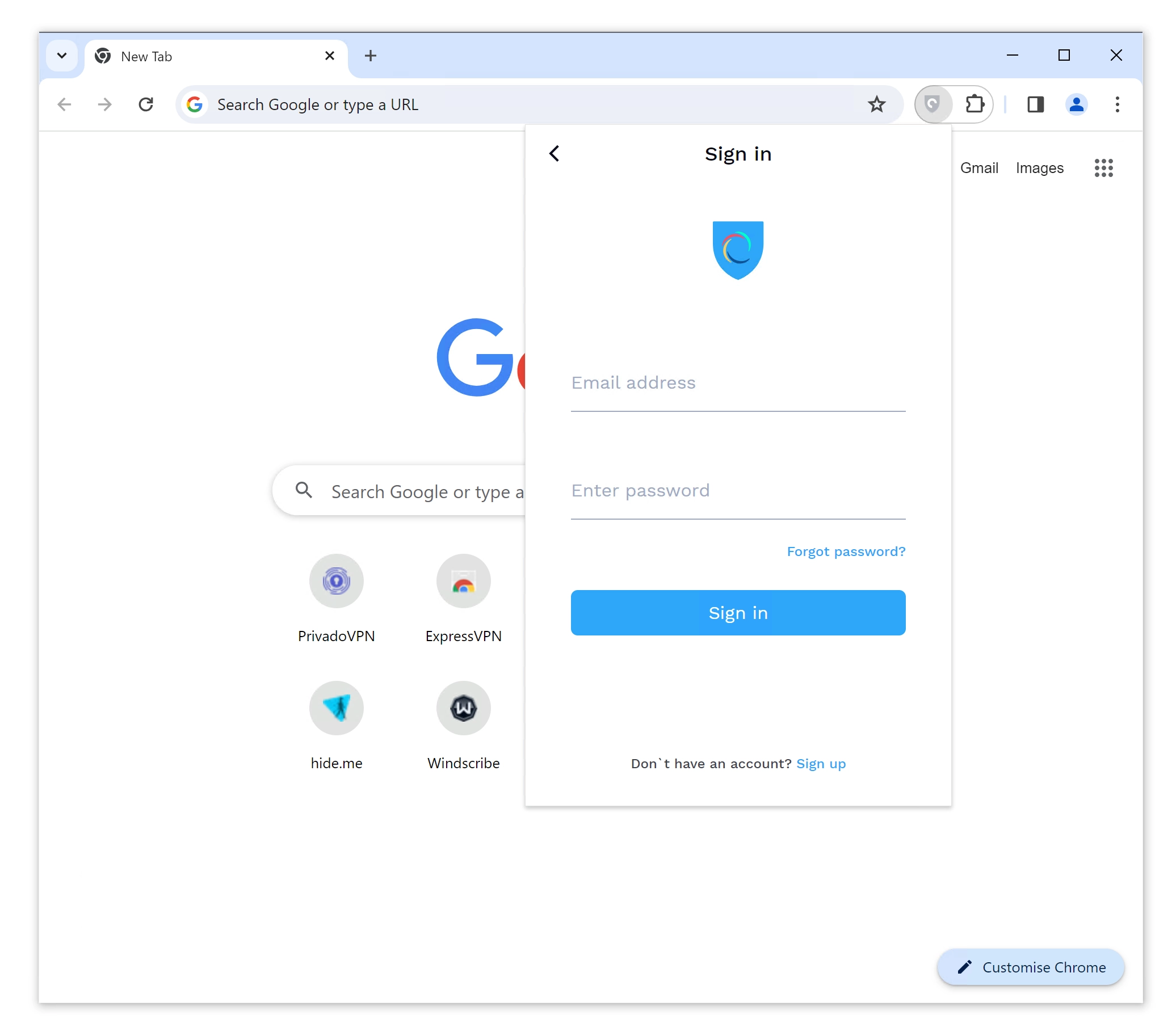 Hotspot Shield Chrome extension login screen