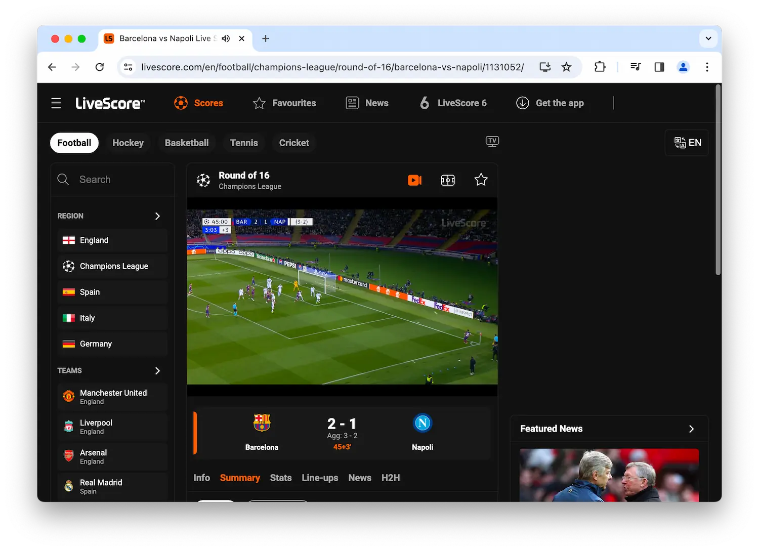 Directo del partido Barcelona vs. Nápoles en la página web de LiveScore.