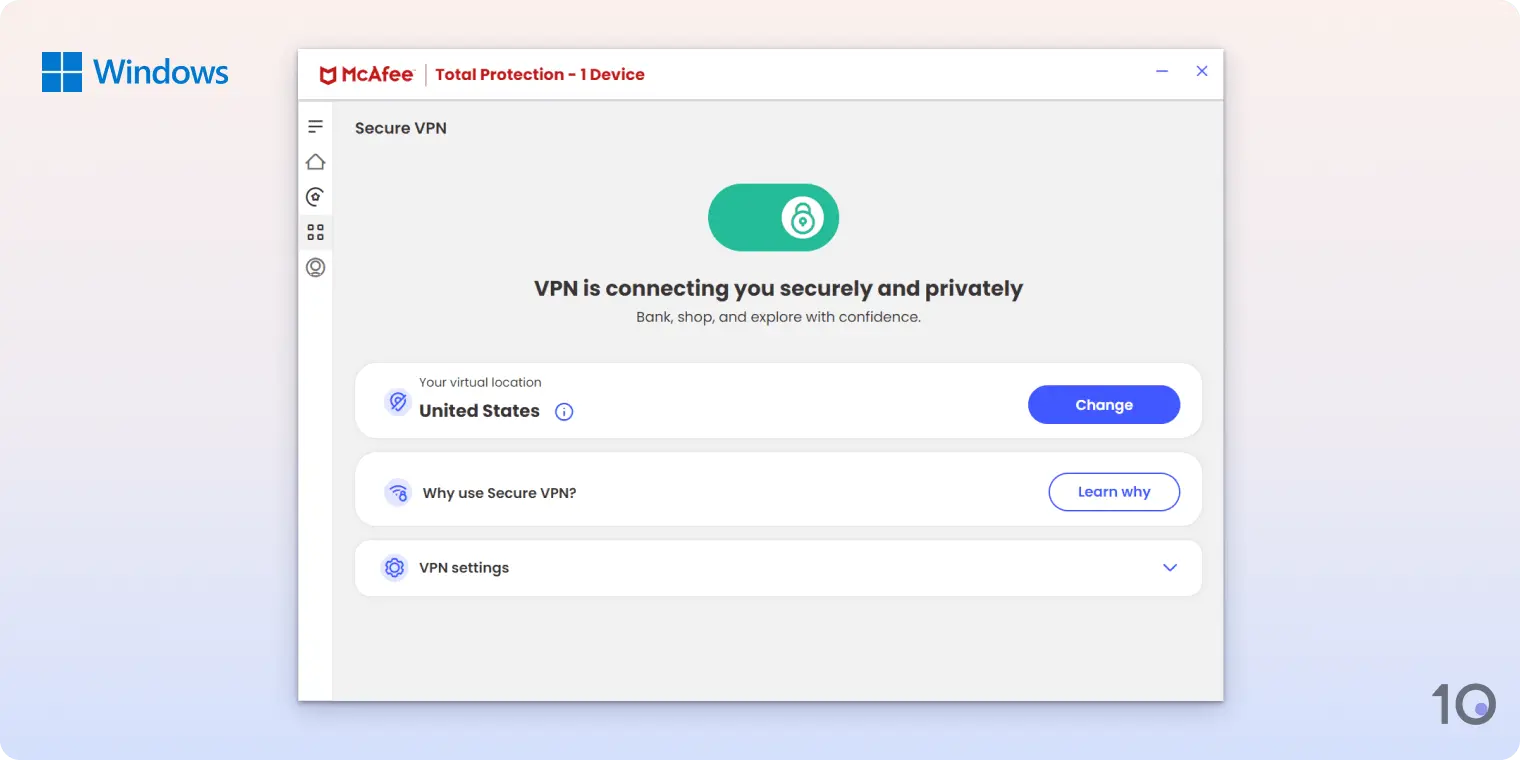 The McAfee VPN app for Windows