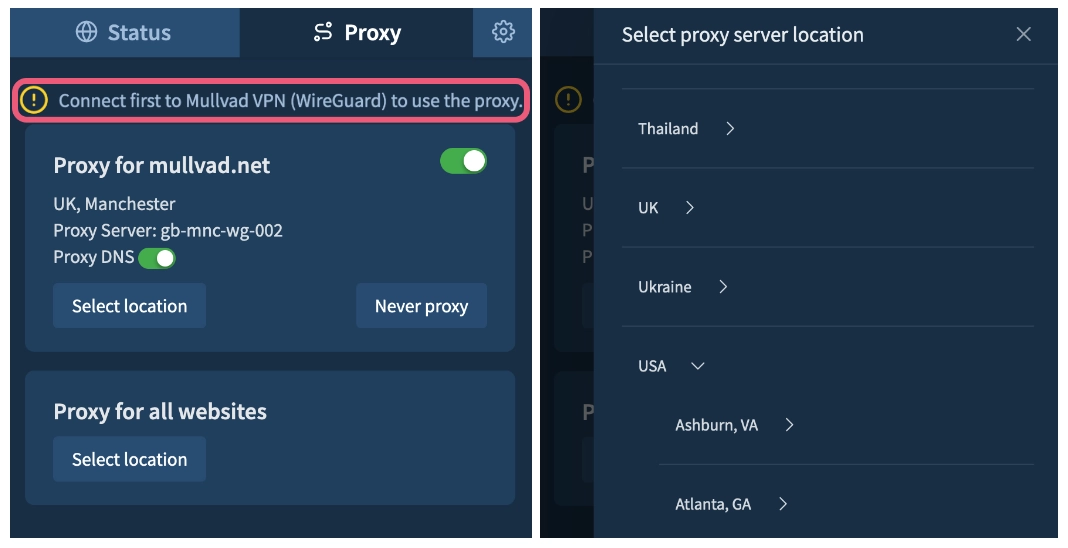 Mullvad's proxy browser extension recommends users turn on the VPN before connecting.