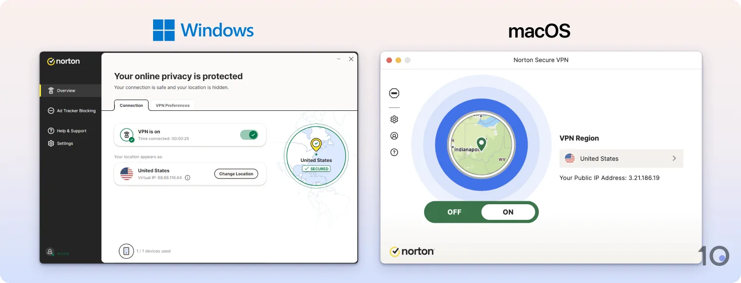The Norton Secure VPN apps for Windows and macOS
