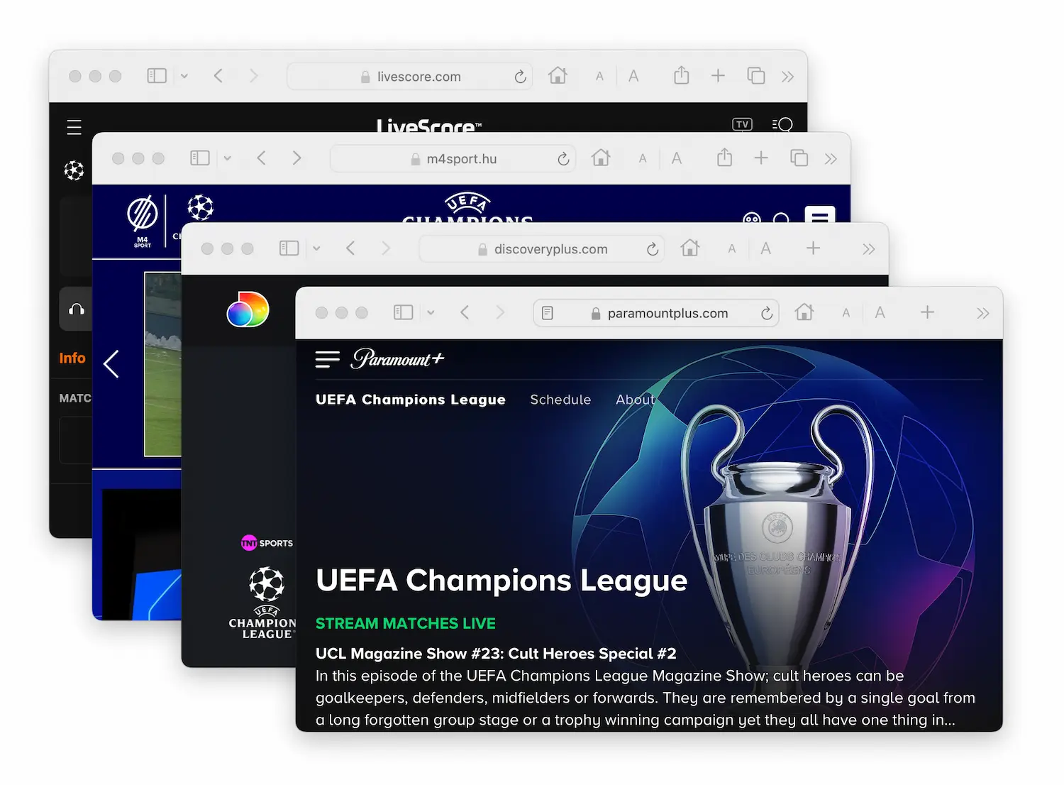 Un collage con ventanas de diferentes páginas de streaming que emiten la UEFA Champions League.