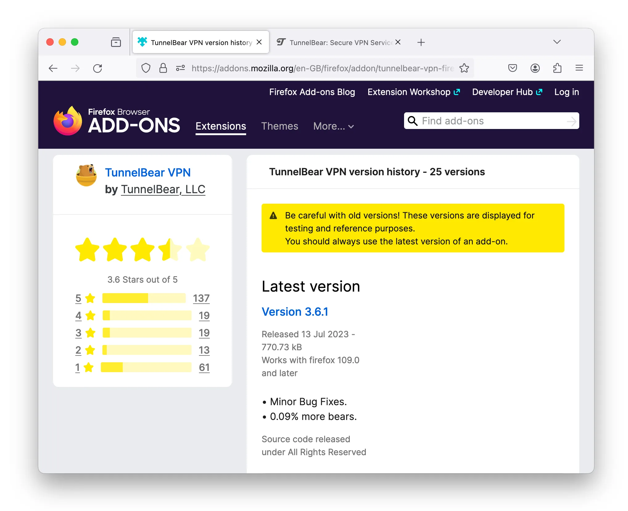 TunnelBear's version history on Firefox