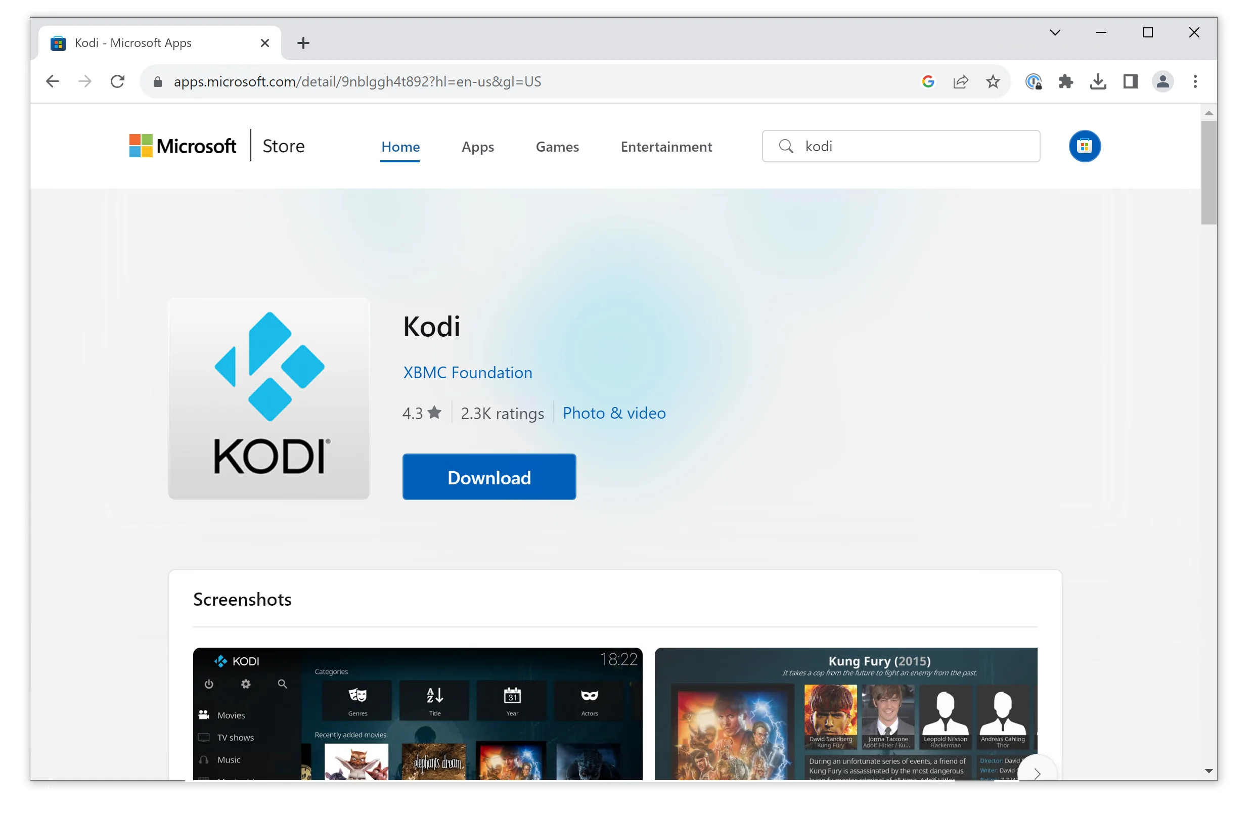 Kodi's listing on the Microsoft Store