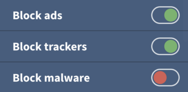 Screenshot of Mullvad's ad, tracker, and malware blocker.