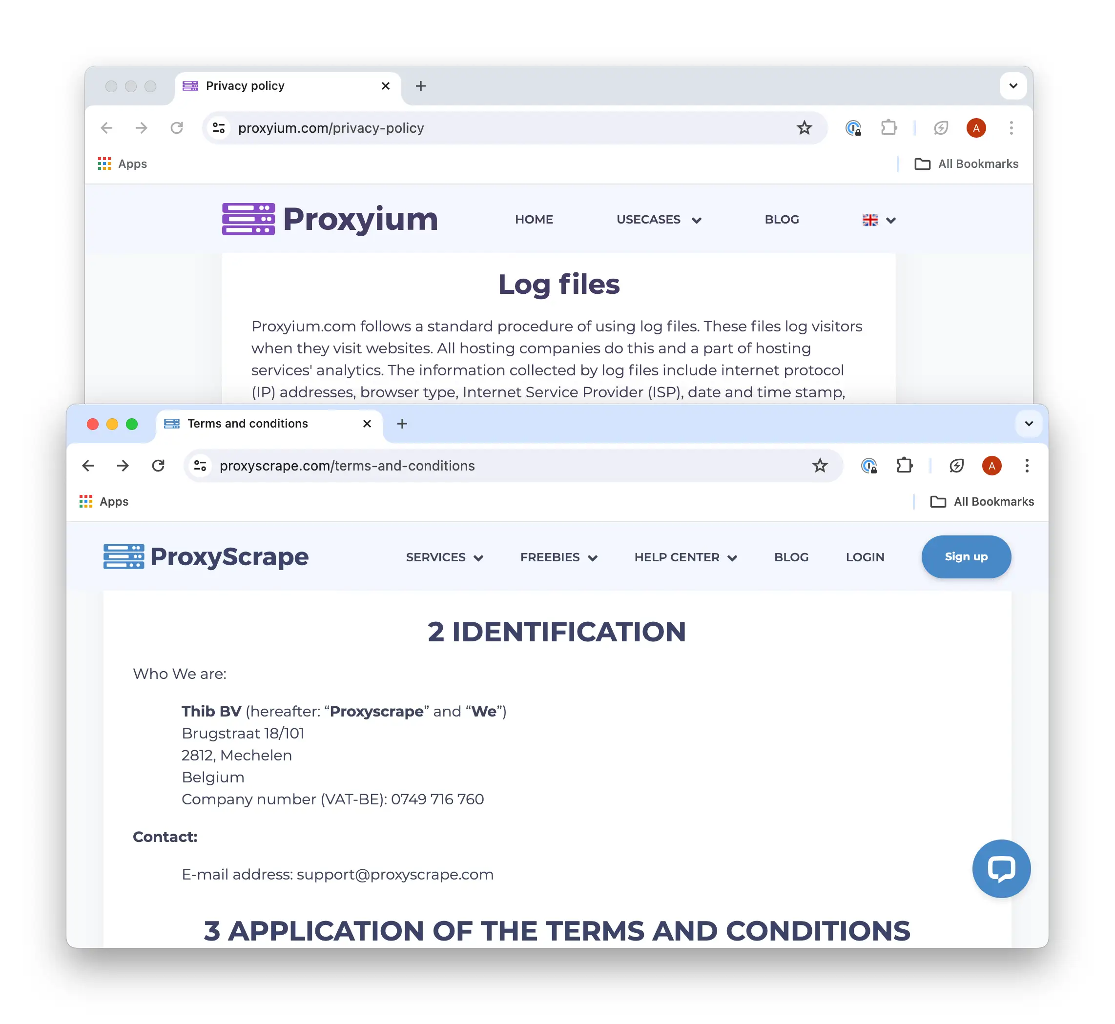 Schermata del sito web di Proxyium, che non mostra alcun dettaglio aziendale, e di Proxyscrape, che invece mostra dettagli aziendali. 