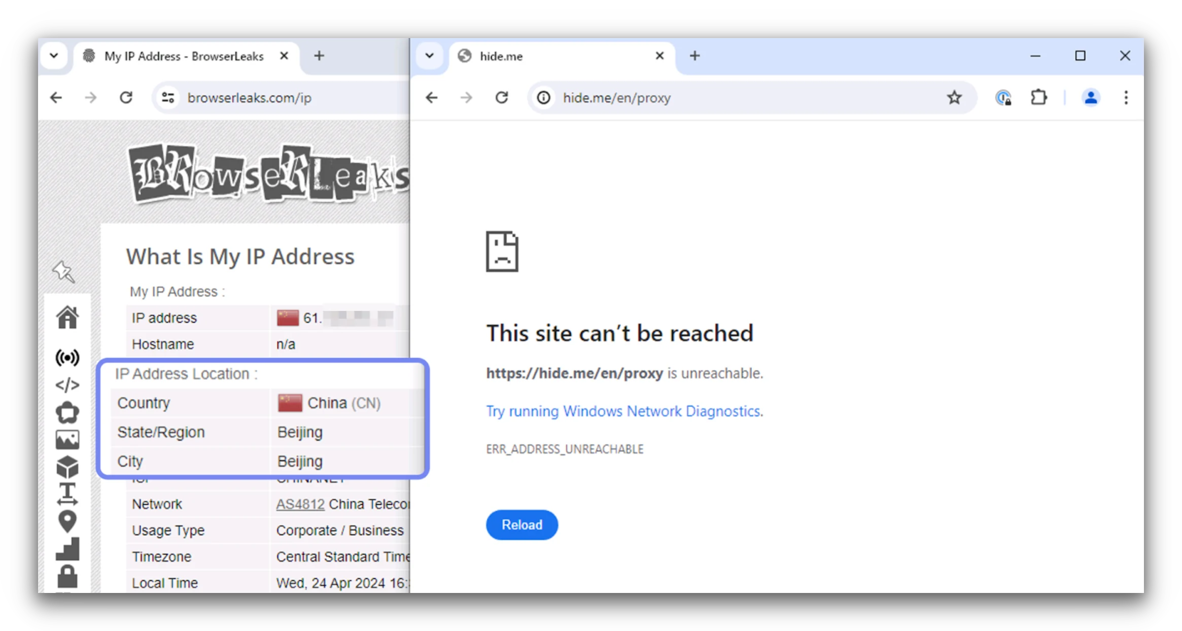 Zrzut ekranu ze strony BrowserLeaks pokazujący chiński adres IP oraz zablokowany serwer proxy Hide.Me