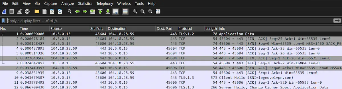 Wireshark-Screenshot eines Drei-Wege-Handshake beim Aufbau einer TCP-Verbindung