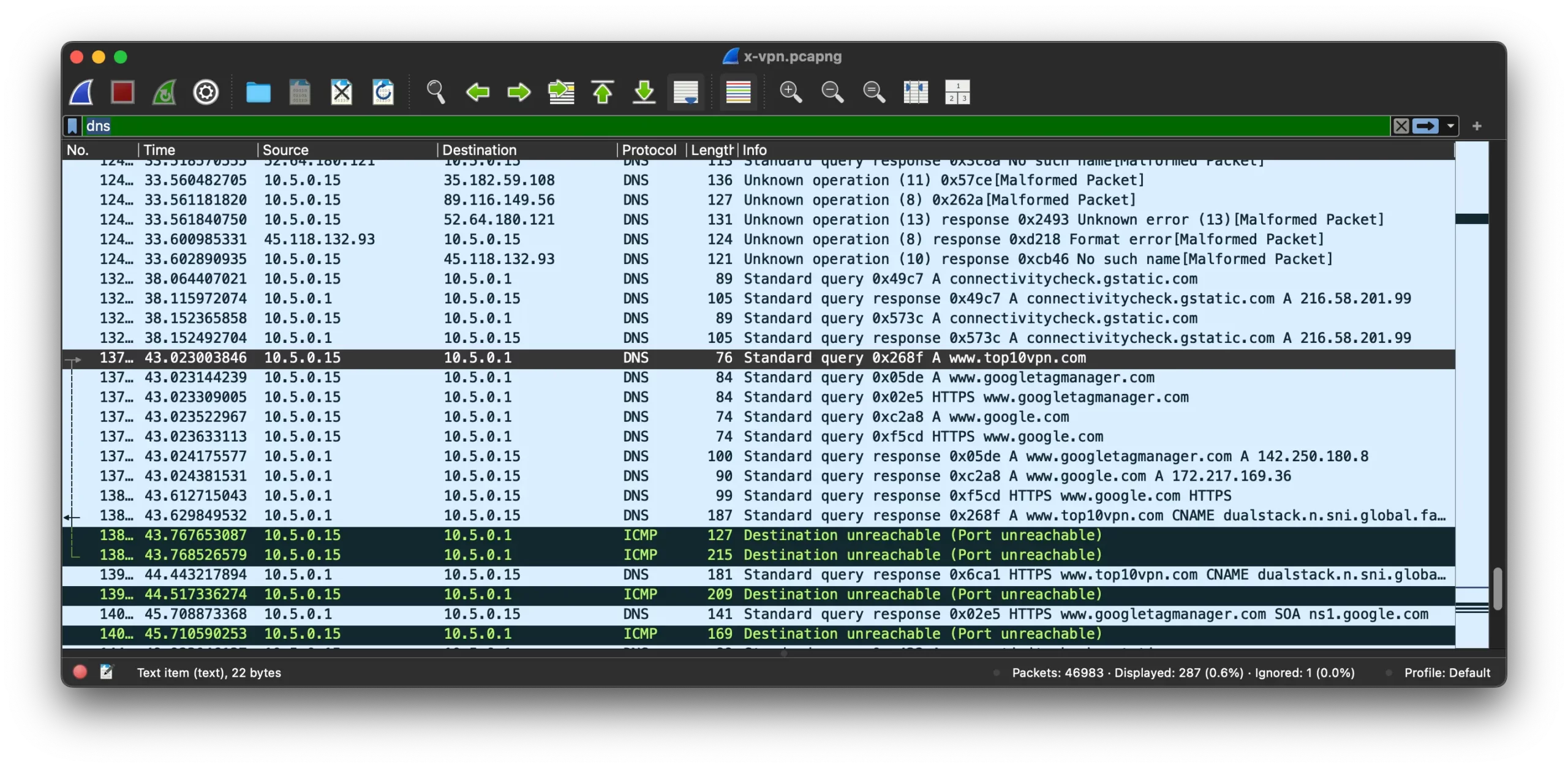 Wireshark screenshot showing a DNS leak in the X-VPN Android app