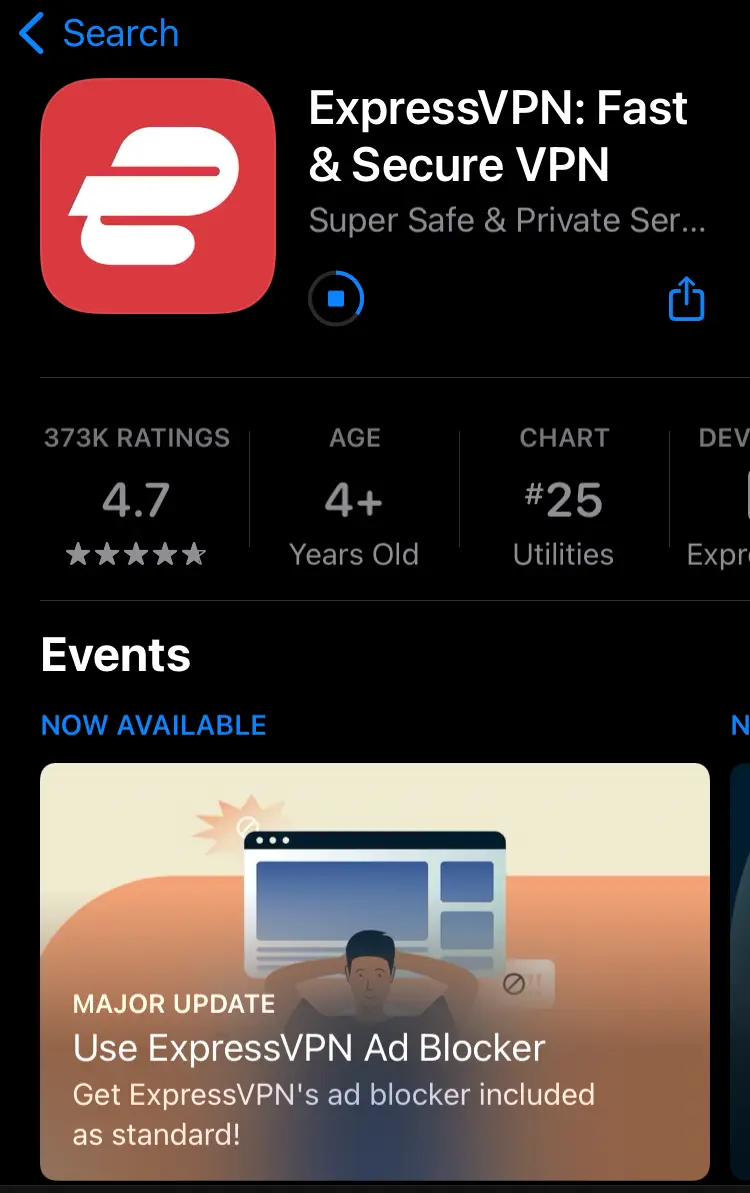 Fiche de l'application d'ExpressVPN dans l'App Store