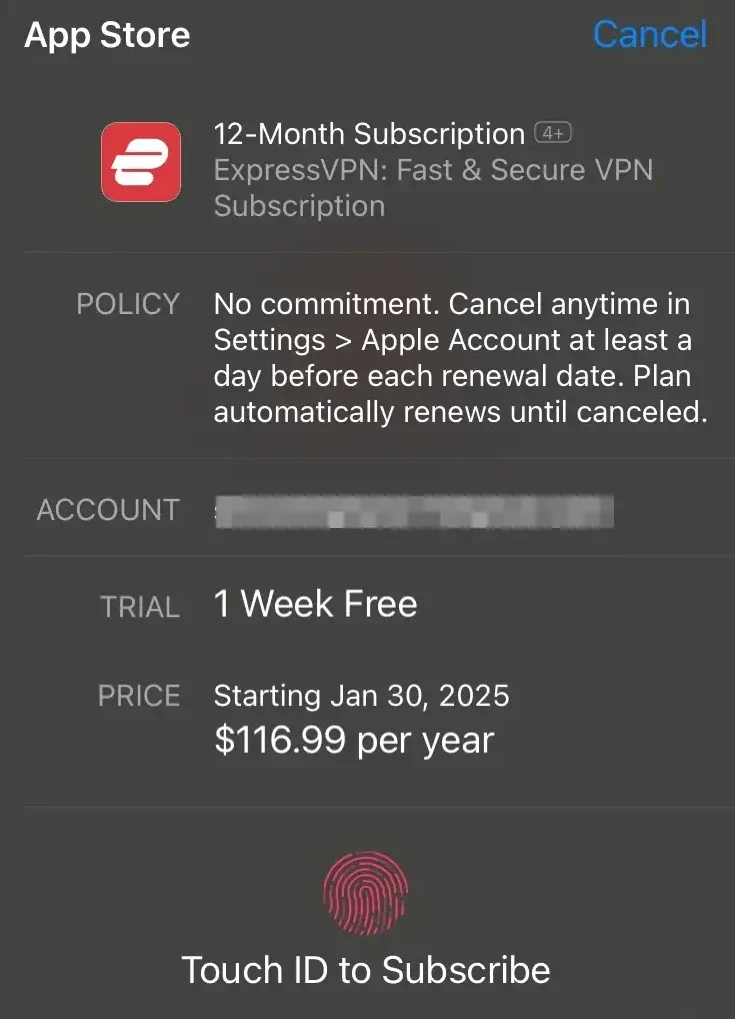 Okno dialogowe umożliwiające potwierdzenie aktywacji darmowego okresu próbnego ExpressVPN na iOS.