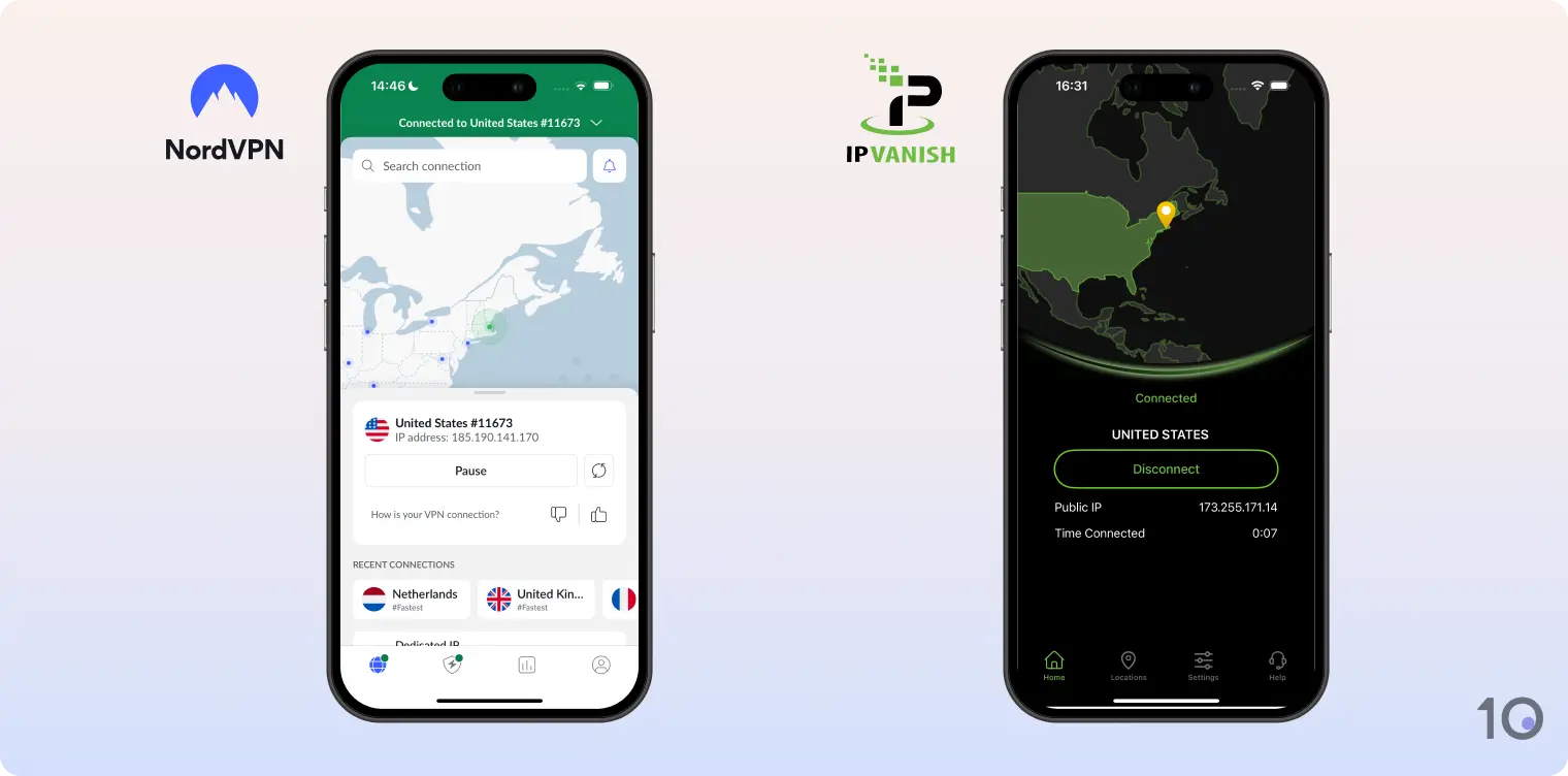 NordVPN and IPVanish compared on iOS