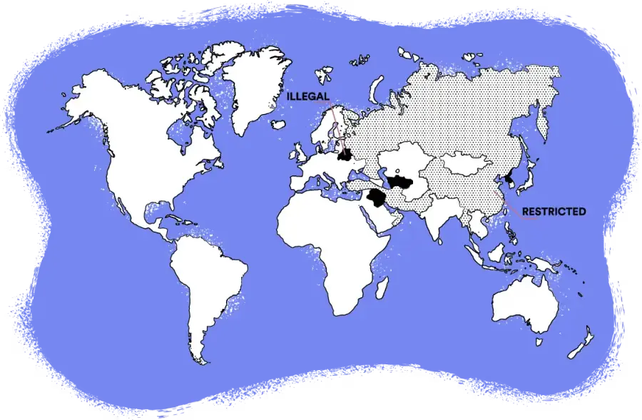 A world map showing the countries where VPNs are legal and those where they'yre illegal or restricted