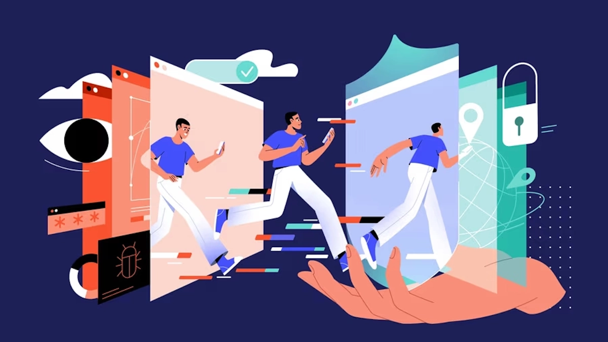 Illustration of a man escaping from a restricted and privacy-unfriendly internet to a free, private, and secure one.