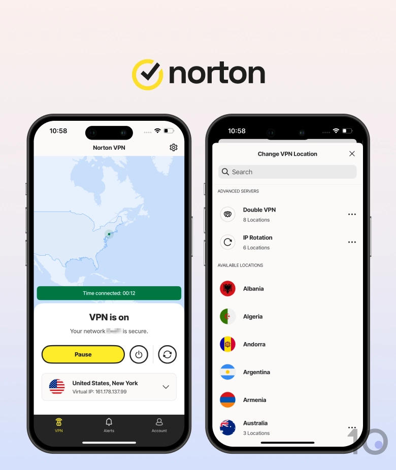 Connected to a Norton VPN server on iOS.