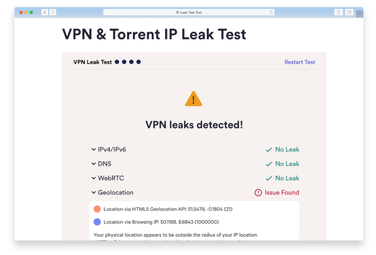 Prueba de fugas de IP