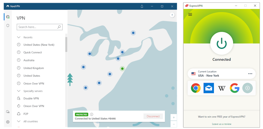 NordVPN and ExpressVPN's apps side-by-side